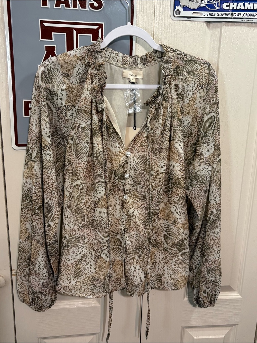 Elan Snake-Print Button-Front Blouse in Beige Green